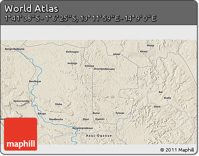 Shaded Relief 3D Map of the Area around 1° 24' 2" S, 13° 40' 30" E