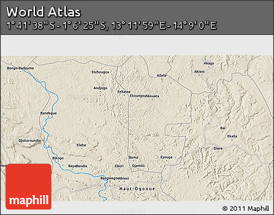 Shaded Relief 3D Map of the Area around 1° 24' 2" S, 13° 40' 30" E