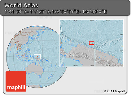 Gray Location Map of the Area around 1° 24' 2" S, 140° 19' 29" E, hill shading