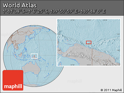 Gray Location Map of the Area around 1° 24' 2" S, 140° 19' 29" E, hill shading