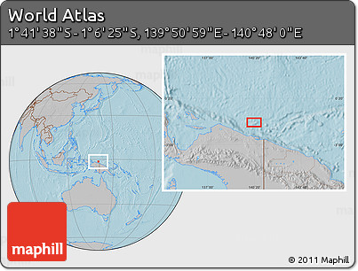 Gray Location Map of the Area around 1° 24' 2" S, 140° 19' 29" E, hill shading