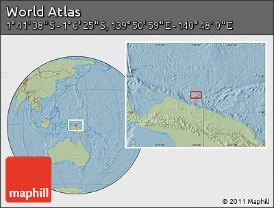 Savanna Style Location Map of the Area around 1° 24' 2" S, 140° 19' 29" E, hill shading