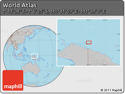 Gray Location Map of the Area around 1° 24' 2" S, 141° 10' 30" E