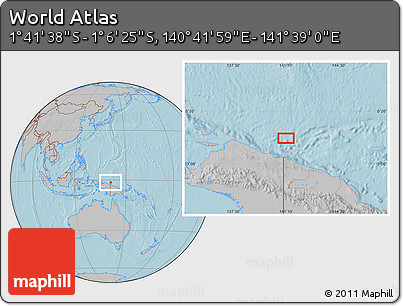 Gray Location Map of the Area around 1° 24' 2" S, 141° 10' 30" E, hill shading