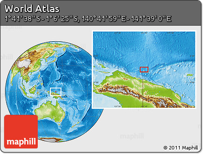 Physical Location Map of the Area around 1° 24' 2" S, 141° 10' 30" E