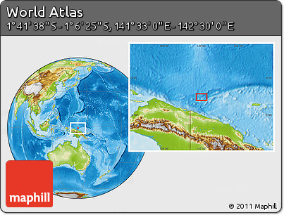Physical Location Map of the Area around 1° 24' 2" S, 142° 1' 30" E