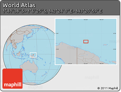 Gray Location Map of the Area around 1° 24' 2" S, 142° 52' 30" E