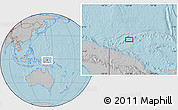 Gray Location Map of the area around 1° 24' 2" S, 143° 43' 29" E, hill shading