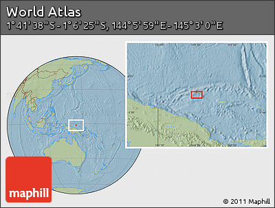 Savanna Style Location Map of the Area around 1° 24' 2" S, 144° 34' 29" E, hill shading