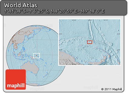 Gray Location Map of the Area around 1° 24' 2" S, 148° 49' 29" E, hill shading