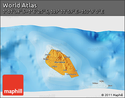 Political 3D Map of the Area around 1° 24' 2" S, 149° 40' 30" E