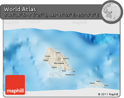 Shaded Relief 3D Map of the Area around 1° 24' 2" S, 149° 40' 30" E