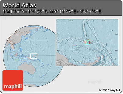 Gray Location Map of the Area around 1° 24' 2" S, 149° 40' 30" E, hill shading
