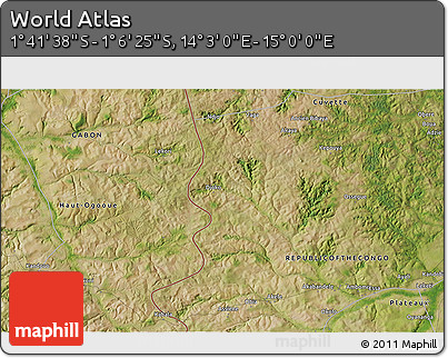 Satellite 3D Map of the Area around 1° 24' 2" S, 14° 31' 30" E