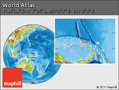 Physical Location Map of the Area around 1° 24' 2" S, 150° 31' 30" E