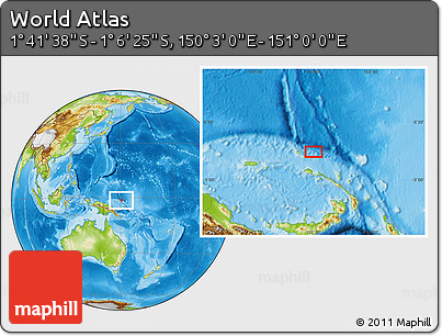 Physical Location Map of the Area around 1° 24' 2" S, 150° 31' 30" E