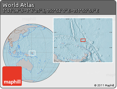 Gray Location Map of the Area around 1° 24' 2" S, 151° 22' 30" E, hill shading