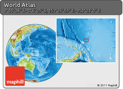 Physical Location Map of the Area around 1° 24' 2" S, 153° 55' 30" E