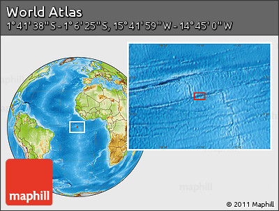 Physical Location Map of the Area around 1° 24' 2" S, 15° 13' 29" W