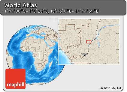 Shaded Relief Location Map of the Area around 1° 24' 2" S, 16° 13' 30" E