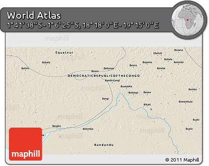 Shaded Relief 3D Map of the Area around 1° 24' 2" S, 18° 46' 29" E
