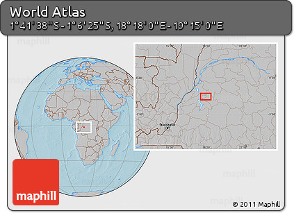 Gray Location Map of the Area around 1° 24' 2" S, 18° 46' 29" E, hill shading