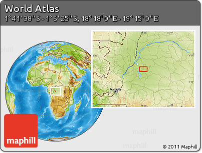 Physical Location Map of the Area around 1° 24' 2" S, 18° 46' 29" E