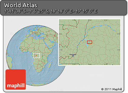 Savanna Style Location Map of the Area around 1° 24' 2" S, 18° 46' 29" E, hill shading