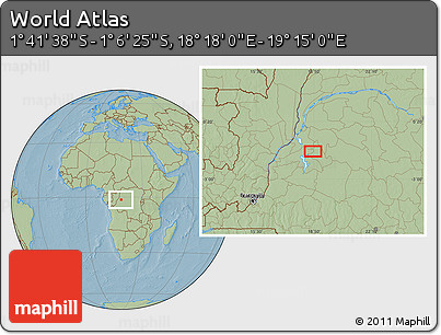Savanna Style Location Map of the Area around 1° 24' 2" S, 18° 46' 29" E, hill shading