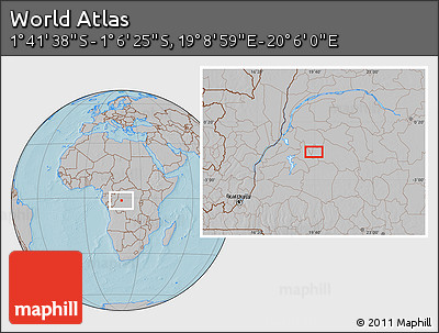 Gray Location Map of the Area around 1° 24' 2" S, 19° 37' 30" E, hill shading
