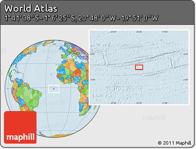 Political Location Map of the Area around 1°&nbsp;24'&nbsp;2"&nbsp;S,&nbsp;20°&nbsp;19'&nbsp;30"&nbsp;W