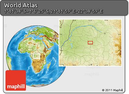 Physical Location Map of the Area around 1° 24' 2" S, 22° 10' 29" E
