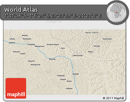 Shaded Relief 3D Map of the Area around 1° 24' 2" S, 23° 52' 30" E