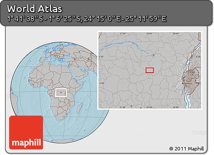 Gray Location Map of the Area around 1° 24' 2" S, 24° 43' 30" E, hill shading