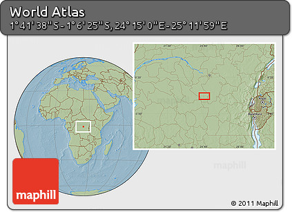 Savanna Style Location Map of the Area around 1° 24' 2" S, 24° 43' 30" E, hill shading