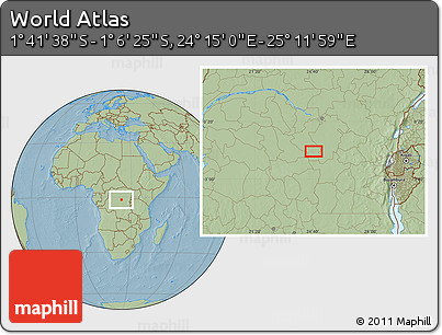 Savanna Style Location Map of the Area around 1° 24' 2" S, 24° 43' 30" E, hill shading