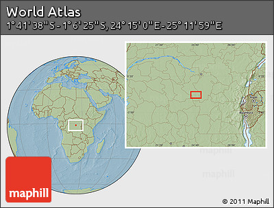Savanna Style Location Map of the Area around 1° 24' 2" S, 24° 43' 30" E, hill shading