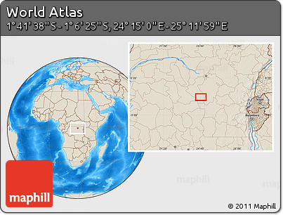 Shaded Relief Location Map of the Area around 1° 24' 2" S, 24° 43' 30" E
