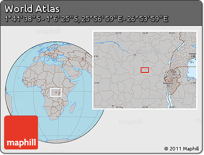Gray Location Map of the Area around 1° 24' 2" S, 26° 25' 29" E
