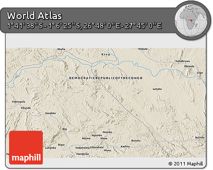 Shaded Relief 3D Map of the Area around 1° 24' 2" S, 27° 16' 29" E