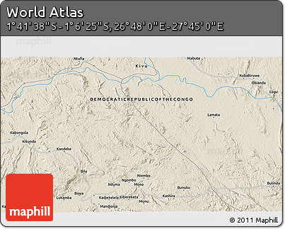 Shaded Relief 3D Map of the Area around 1° 24' 2" S, 27° 16' 29" E