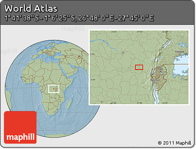 Savanna Style Location Map of the Area around 1° 24' 2" S, 27° 16' 29" E, hill shading