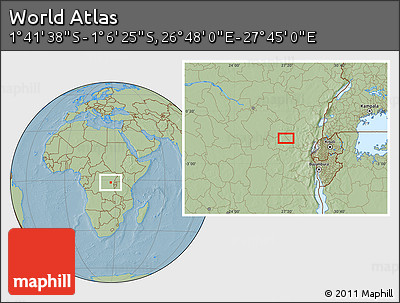 Savanna Style Location Map of the Area around 1° 24' 2" S, 27° 16' 29" E, hill shading