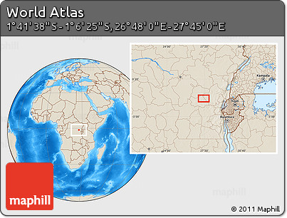 Shaded Relief Location Map of the Area around 1° 24' 2" S, 27° 16' 29" E