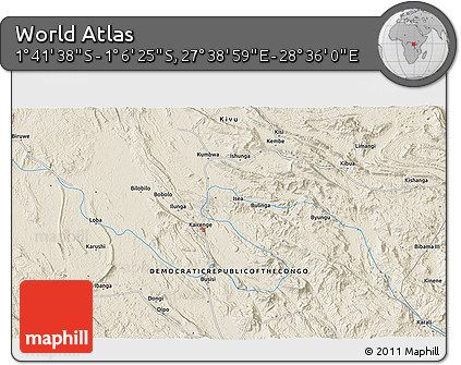 Shaded Relief 3D Map of the Area around 1° 24' 2" S, 28° 7' 30" E