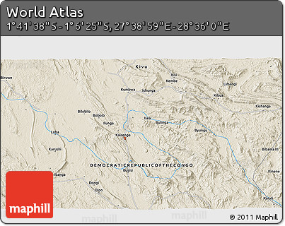 Shaded Relief 3D Map of the Area around 1° 24' 2" S, 28° 7' 30" E