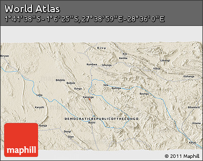 Shaded Relief 3D Map of the Area around 1° 24' 2" S, 28° 7' 30" E