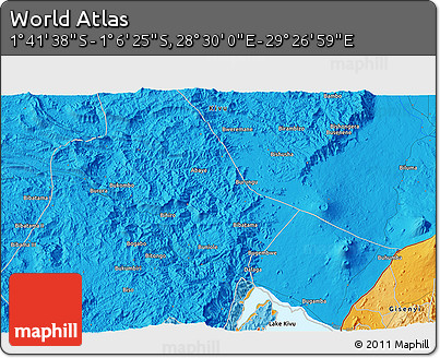 Political 3D Map of the Area around 1° 24' 2" S, 28° 58' 30" E