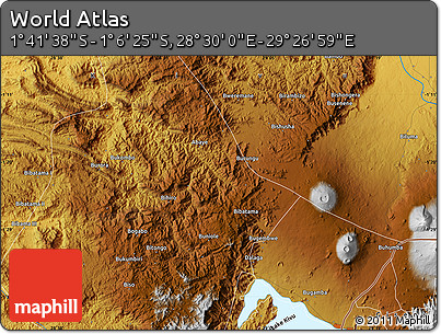 Physical Map of the Area around 1° 24' 2" S, 28° 58' 30" E