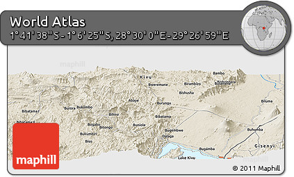 Shaded Relief Panoramic Map of the Area around 1° 24' 2" S, 28° 58' 30" E